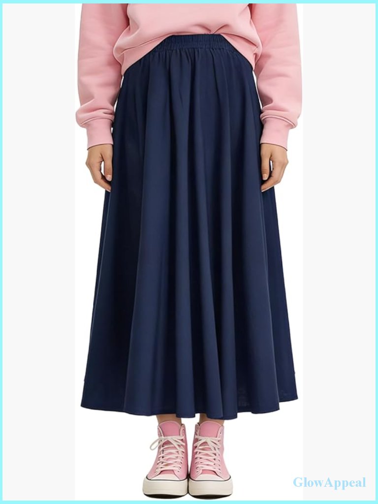 Retro A-Line Long Flowy Skirt With Pockets Elastic Waist